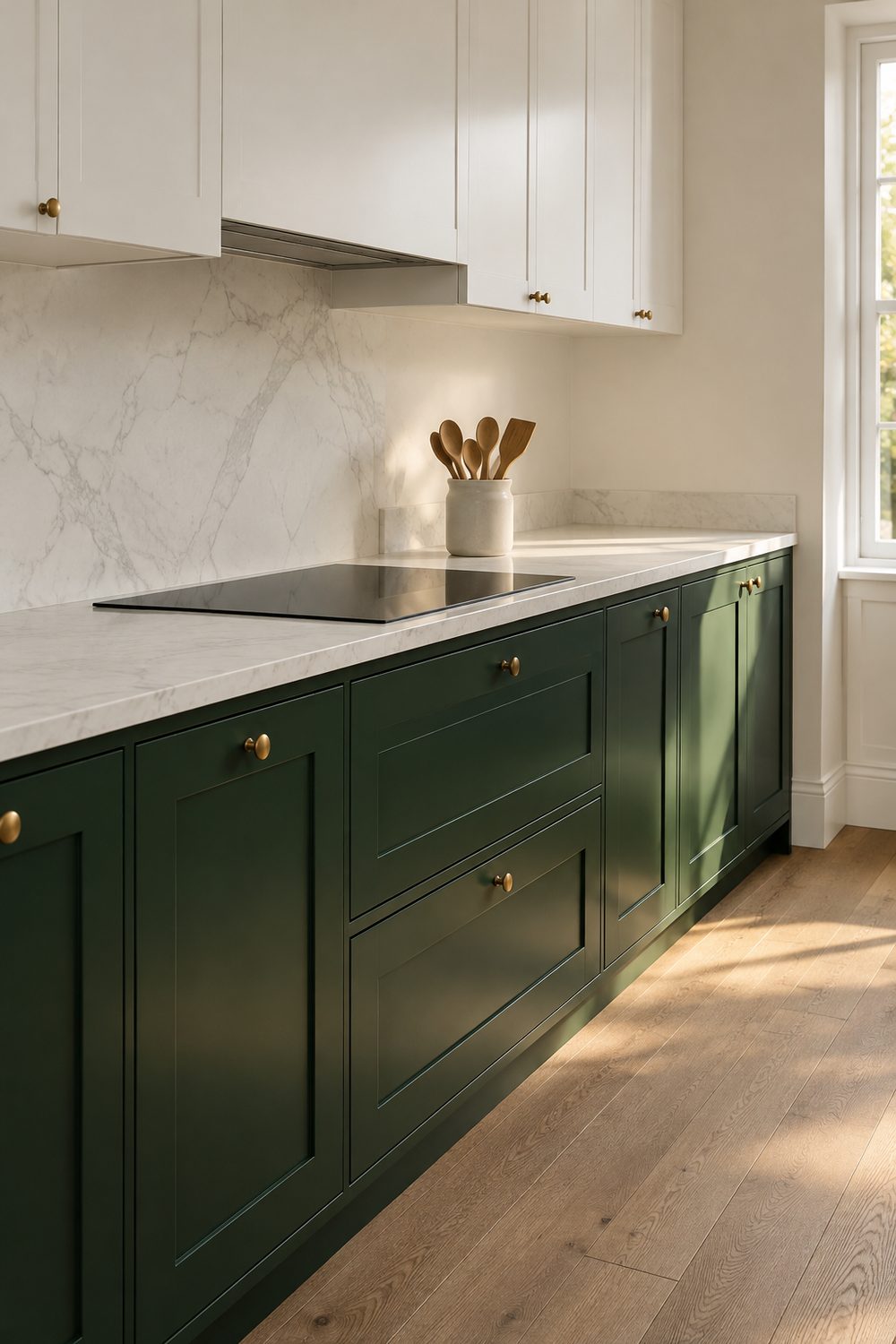 Kitchen with deep forest green shaker base cabinets, white upper cabinets, aged brass knobs and a white marble look countertop