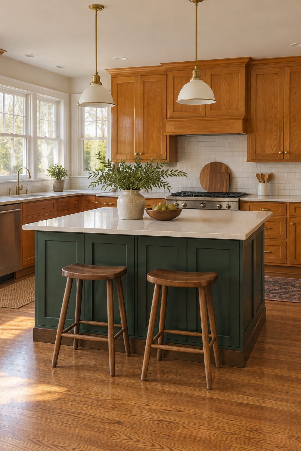 Kitchen with a deep forest green painted island and cream quartz top in front of orange oak shaker perimeter cabinets