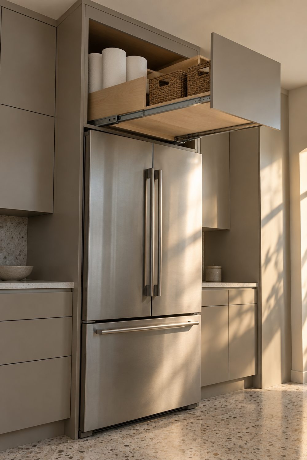 Deep pull out cabinet extended above a stainless refrigerator showing paper towels and bins in a warm gray modern kitchen