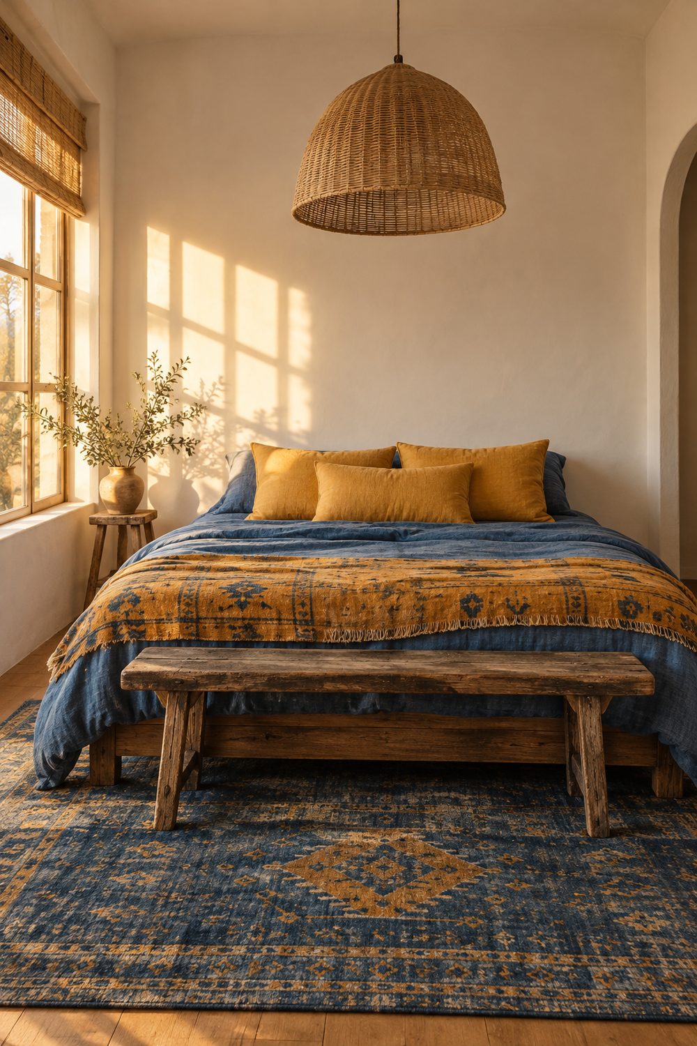 Boho bedroom with denim blue linen duvet, three saffron yellow pillows, kilim throw, denim blue wool rug and rattan pendant