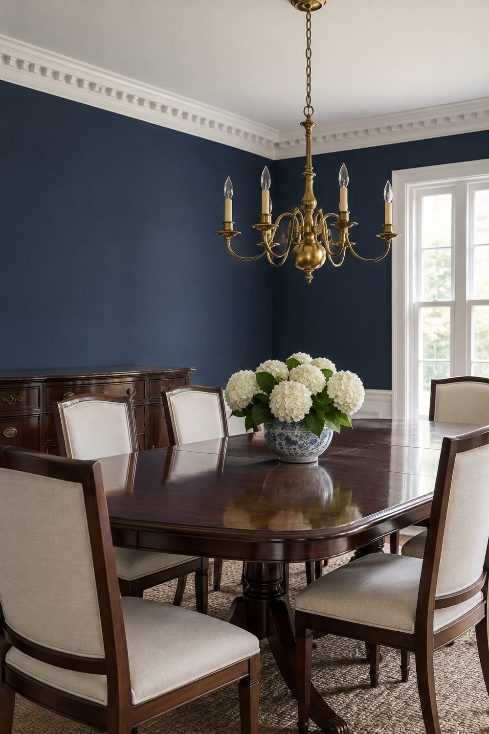 Navy blue traditional dining room with white dentil crown molding showing a row of small tooth blocks, mahogany table and brass chandelier
