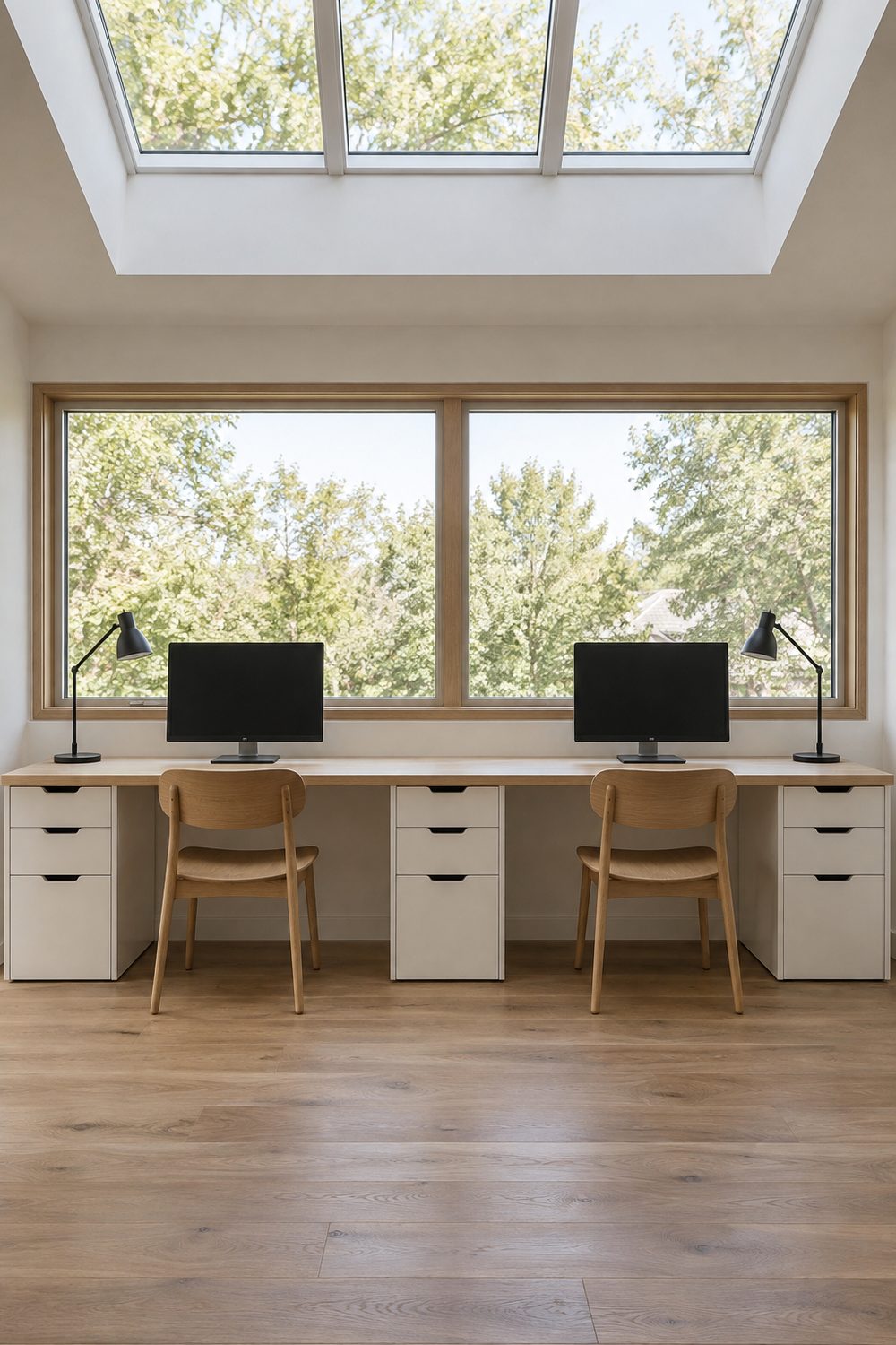Long white oak double desk with two equal work spots, two monitors, two lamps and two chairs along a window wall