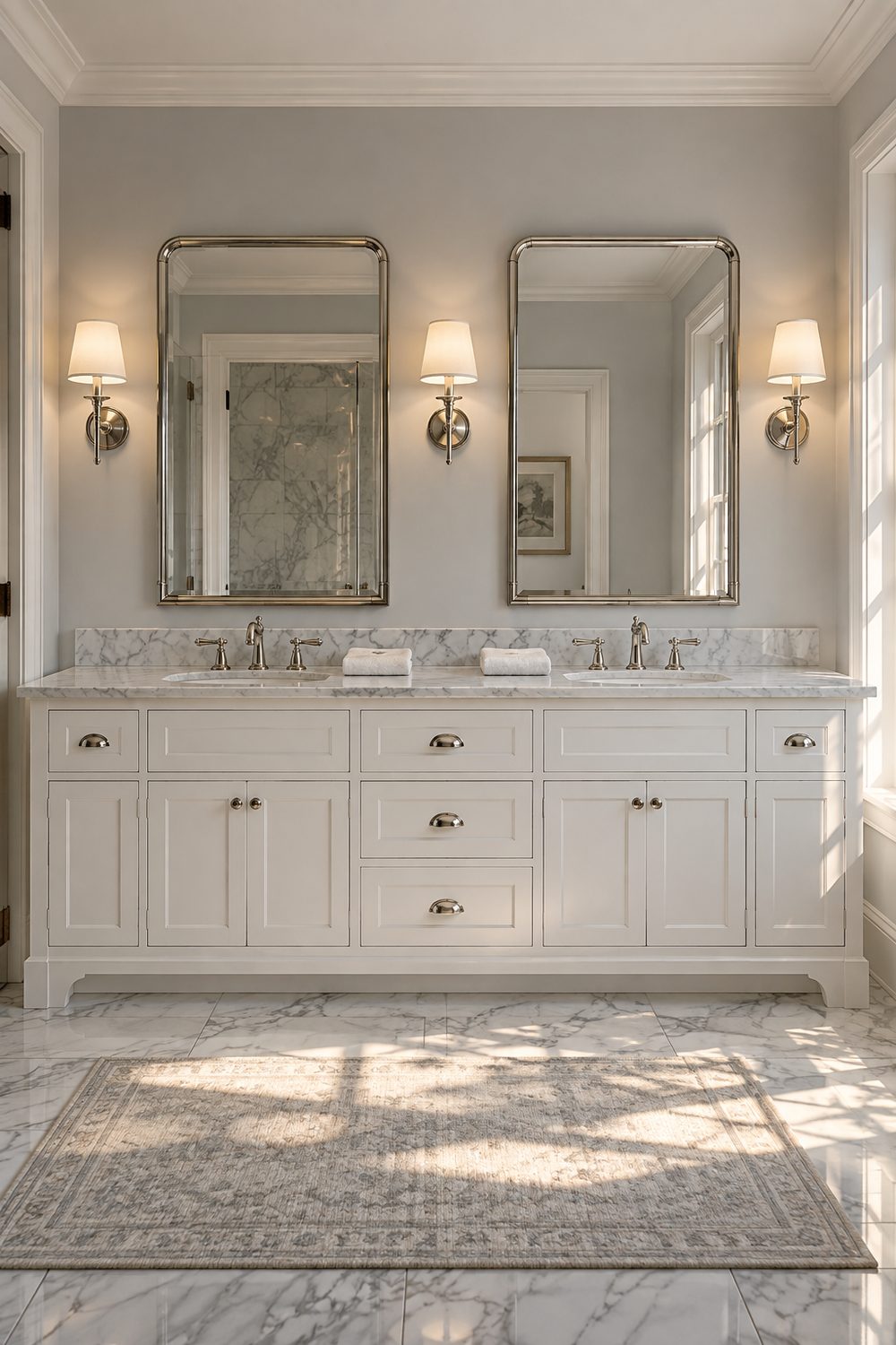 White double vanity with two nickel framed mirrors and three shaded sconces in a symmetrical traditional bathroom