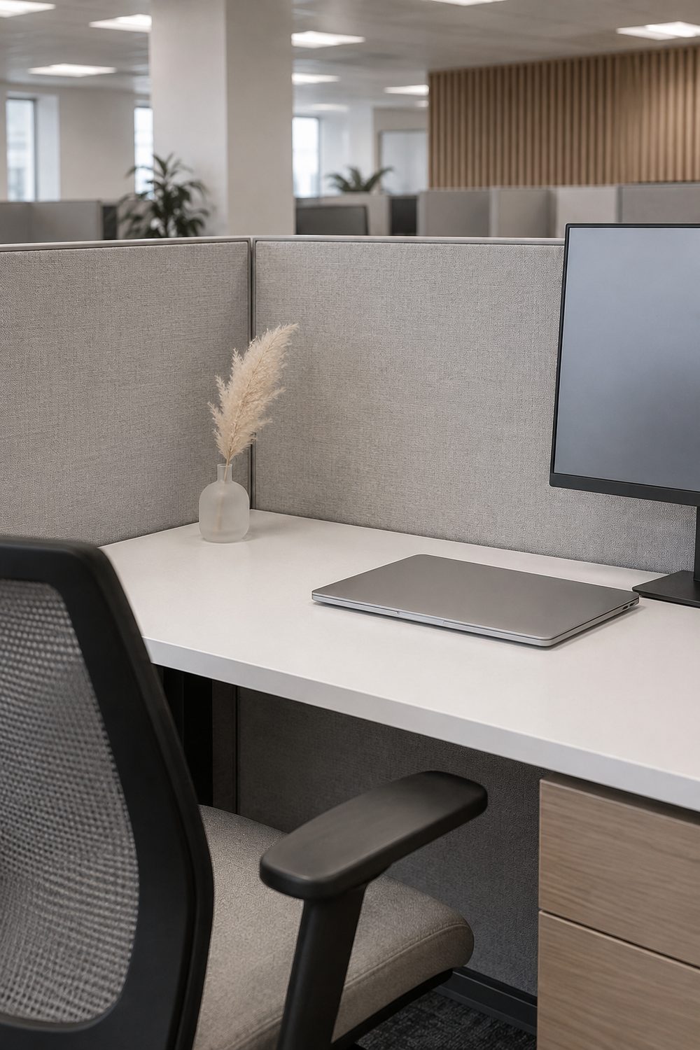 One short dried pampas stem in a frosted glass bud vase on the corner of a white desk inside a grey office cubicle