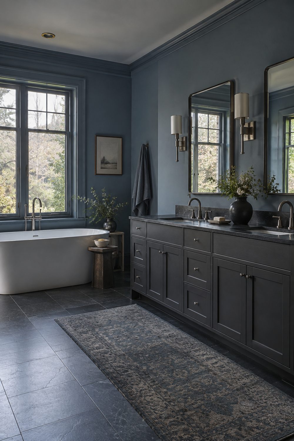Primary bathroom with dusty blue walls, a charcoal double vanity, charcoal floor tile and a white freestanding tub