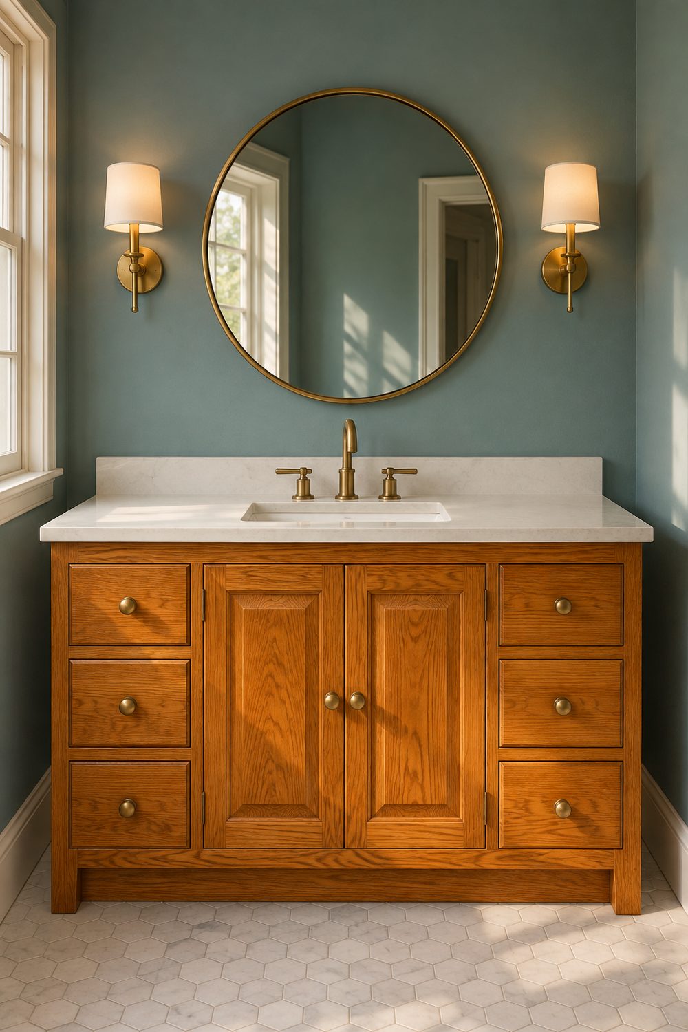 Bathroom with muted dusty teal walls behind an orange oak vanity, white sink top, round mirror and two brass sconces