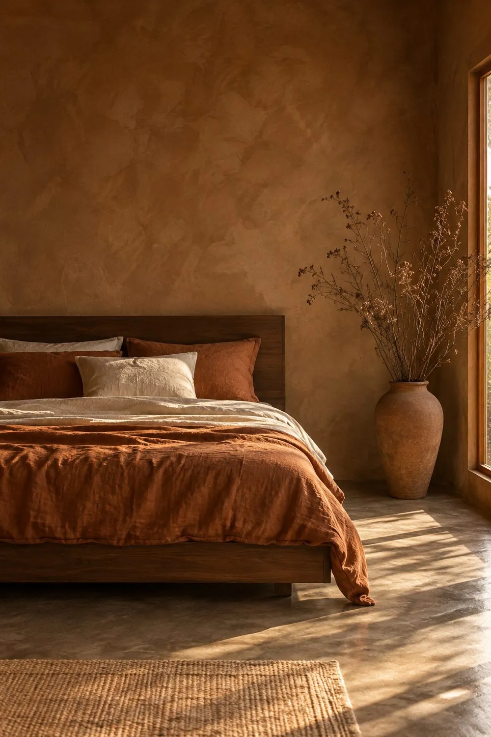 Bedroom with earthy brown clay plaster walls, a low walnut bed with rust and cream linen bedding and a ceramic floor vase