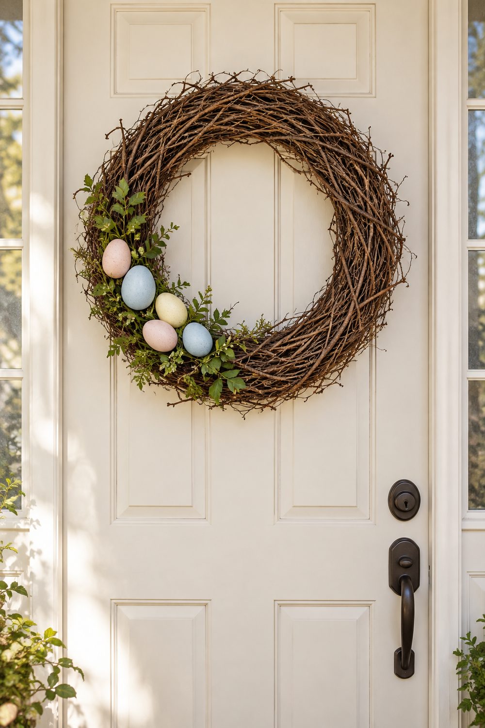 Grapevine wreath with five matte pastel eggs in blush, blue and yellow with green stems on a cream front door