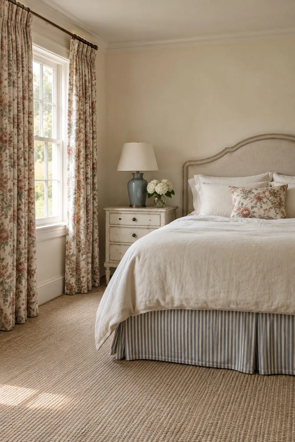 English country bedroom with faded floral chintz curtains, a ticking stripe bed skirt, cream linen duvet and painted cream nightstand