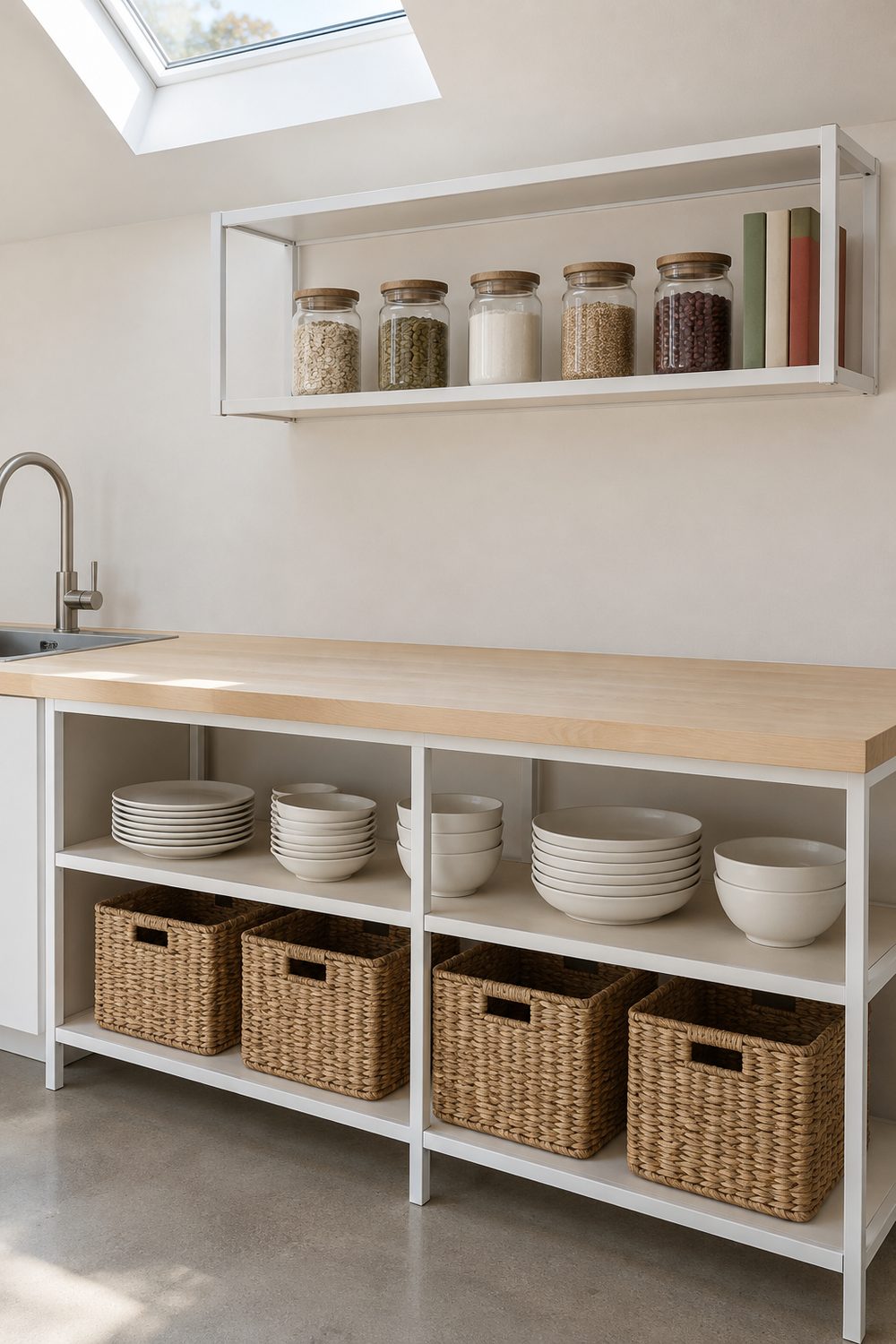 Open white steel frame kitchen storage with woven baskets, stacked white dishes and glass jars under a light birch countertop