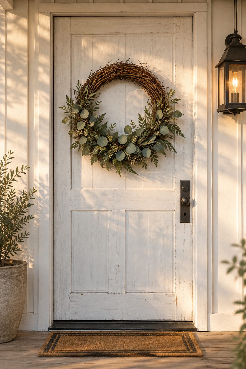 Grapevine wreath filled with seeded and silver dollar eucalyptus, olive and fern on a white farmhouse door