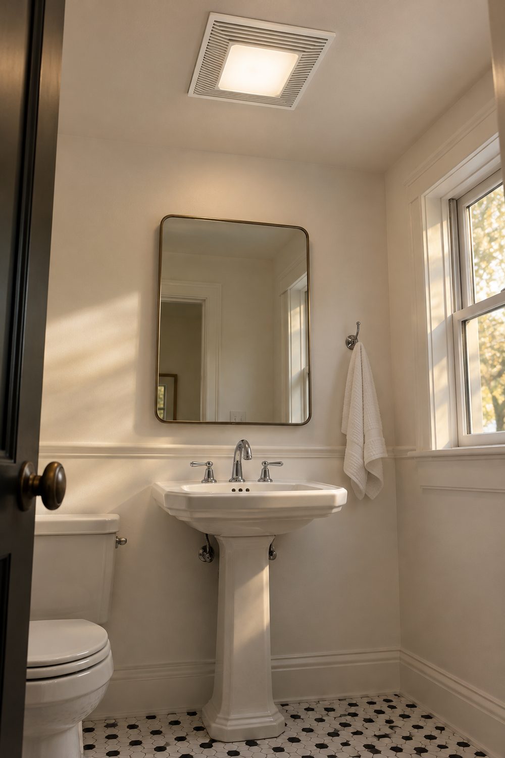 Square white exhaust fan and light combo glowing in the ceiling of a small white bathroom with a pedestal sink and hex tile