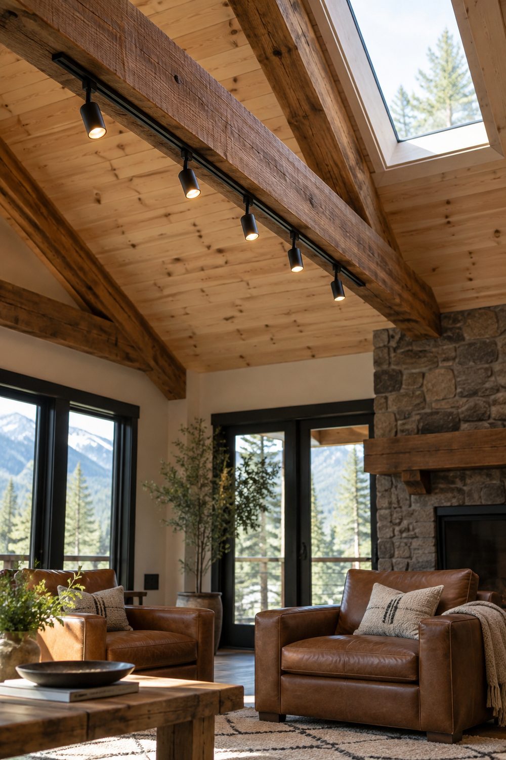 Black track light with five small heads mounted along a rough-sawn cedar beam on a knotty pine vaulted ceiling above leather chairs