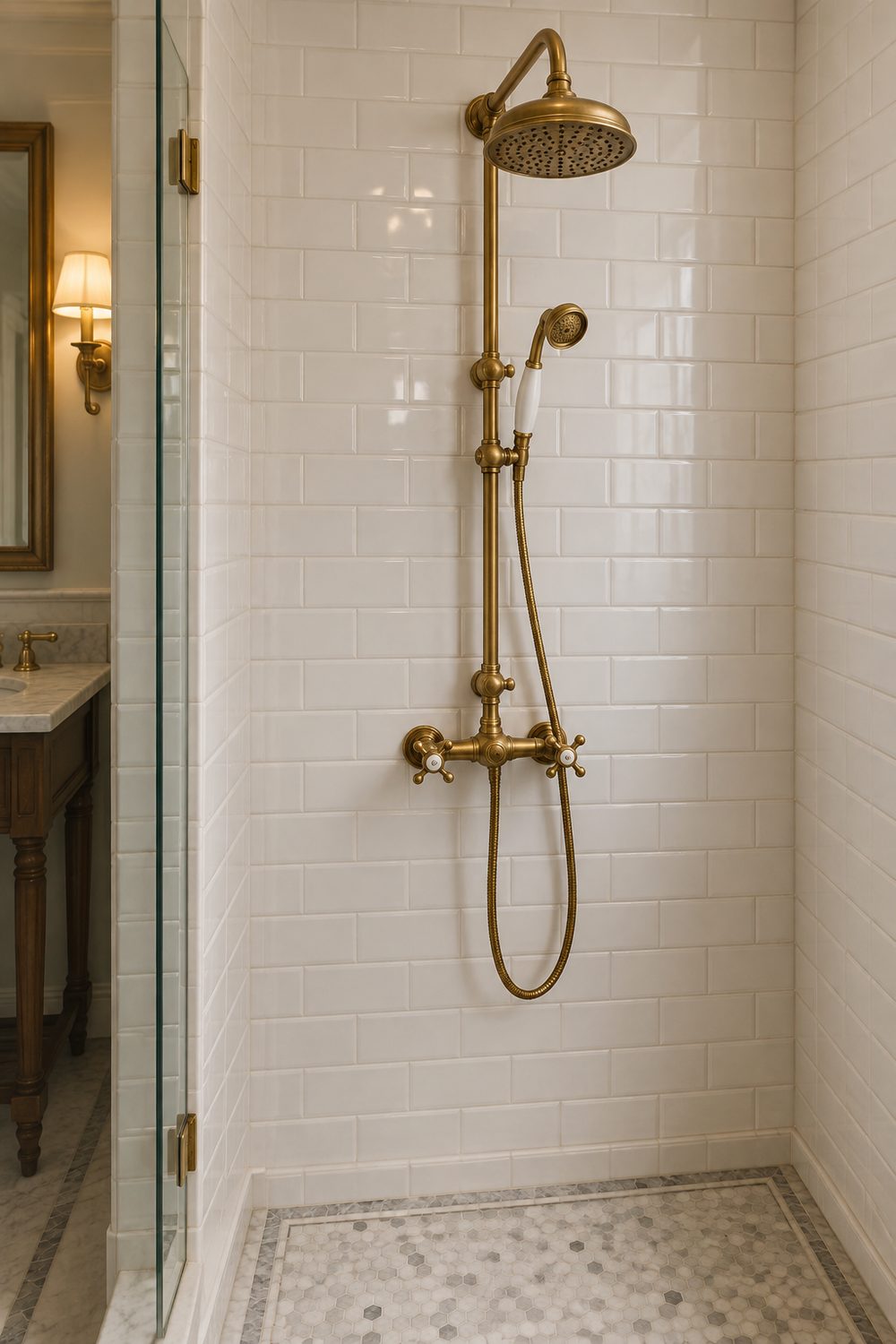 Exposed aged brass shower riser with a round head, cross handles and a telephone hand shower on white subway tile