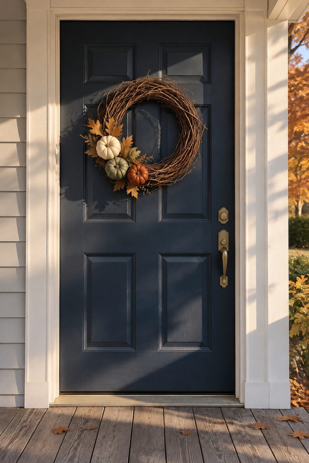 Natural grapevine wreath with three small cream, sage and rust pumpkins and oak leaves on a navy blue front door