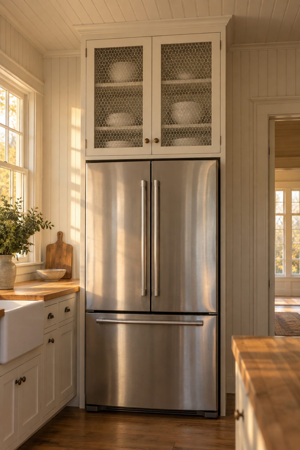 Cream cabinet with chicken wire door panels above a stainless refrigerator in a farmhouse kitchen with beadboard walls