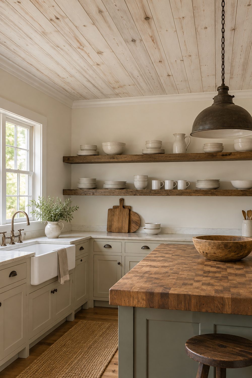 Farmhouse kitchen with a whitewashed pine plank ceiling, small soft white crown molding, open wood shelves and a butcher block island