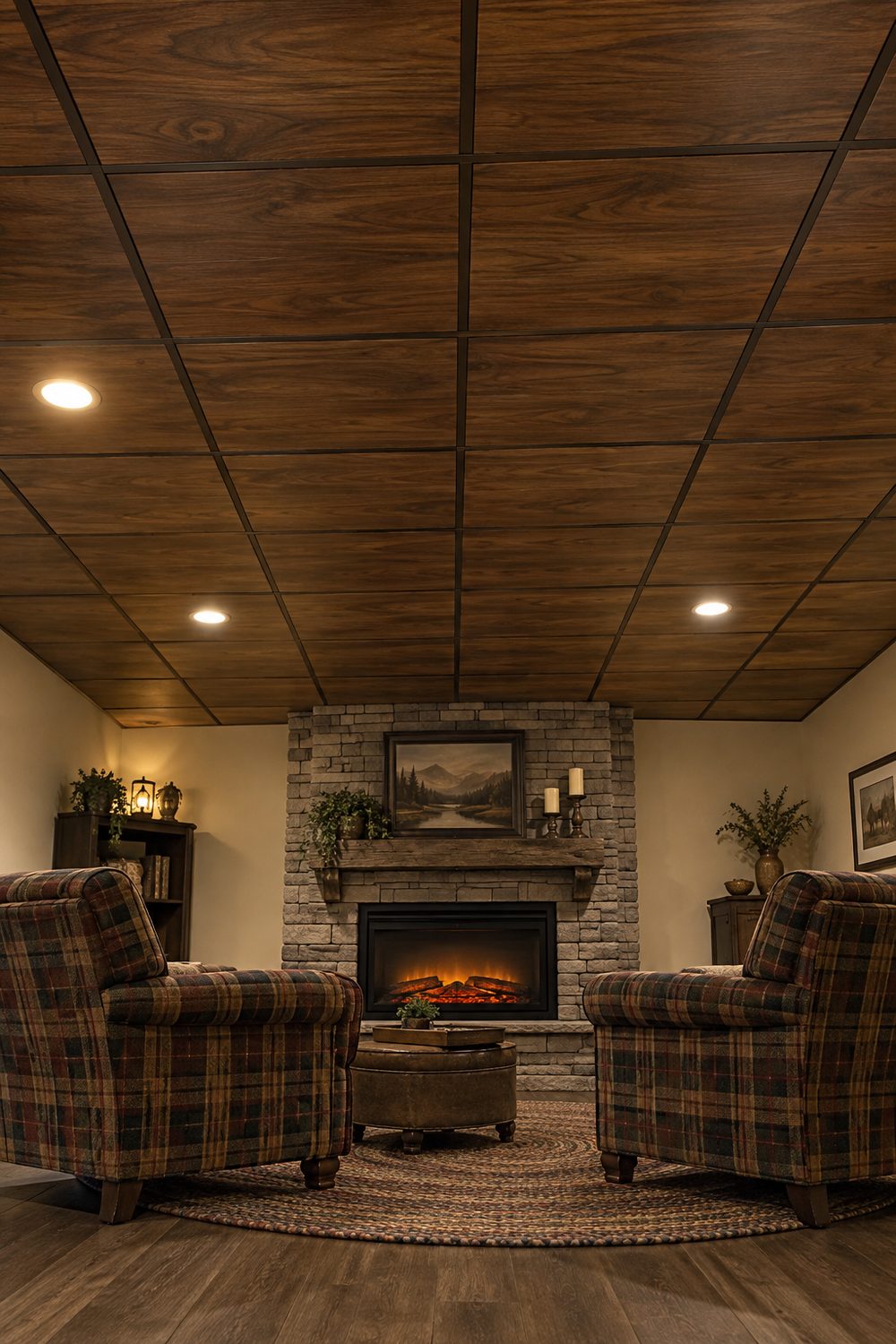 Basement rec room with drop ceiling tiles painted in a warm walnut faux wood grain, dark bronze grid, plaid armchairs and stone hearth