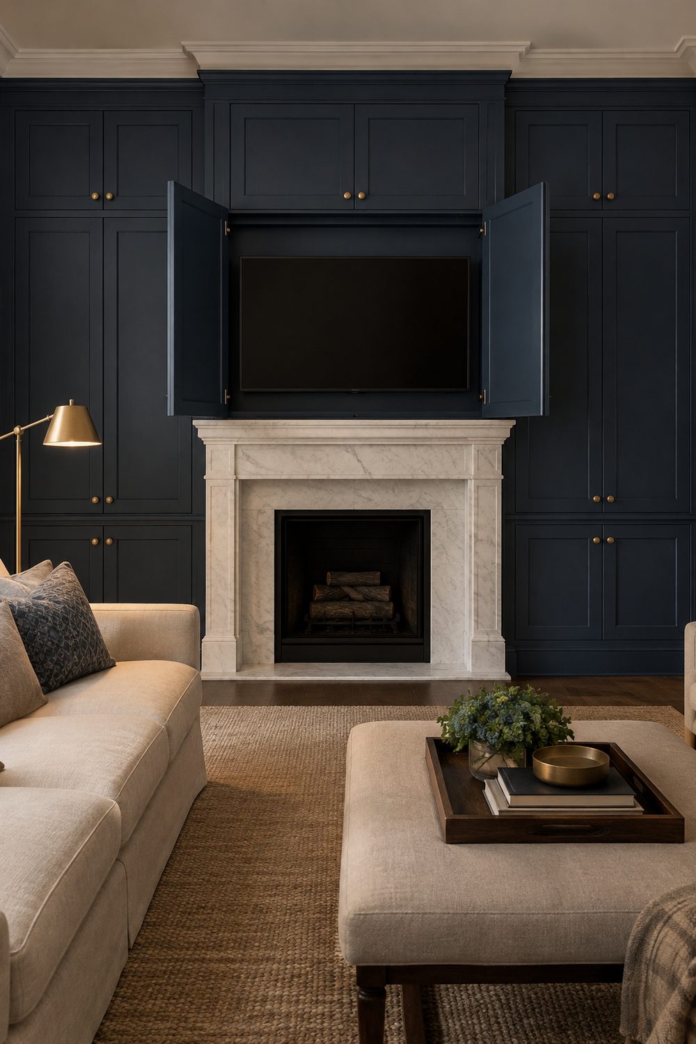 Navy built-in cabinetry wall with a white marble fireplace and open cabinet doors above it revealing a TV, cream sofa