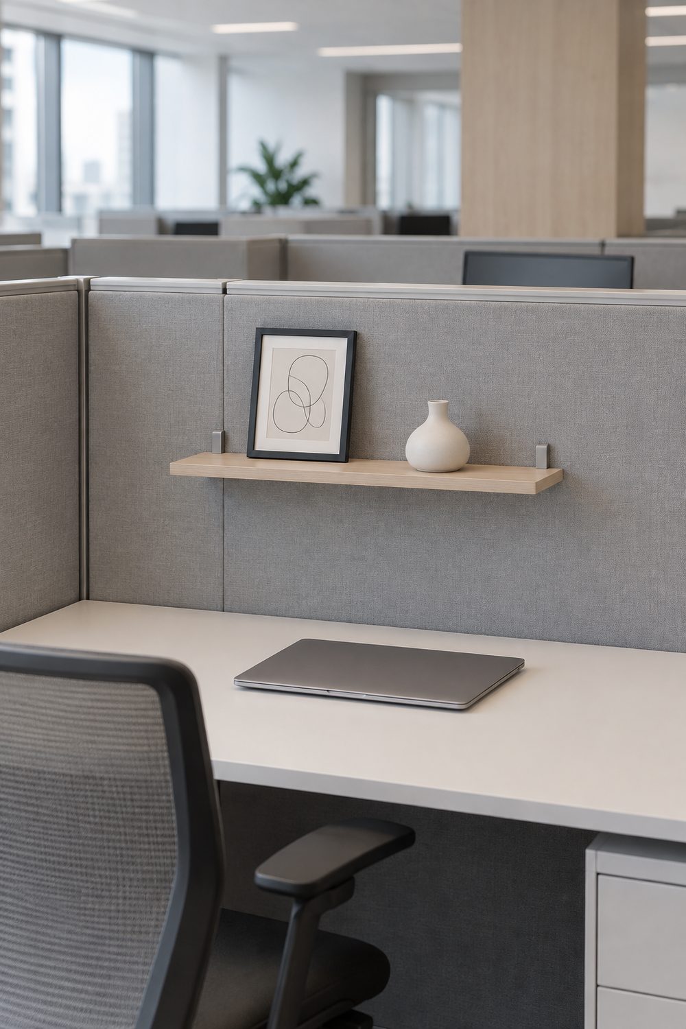 Slim birch shelf on a grey cubicle wall holding a small black framed print and a white ceramic vase above a white desk