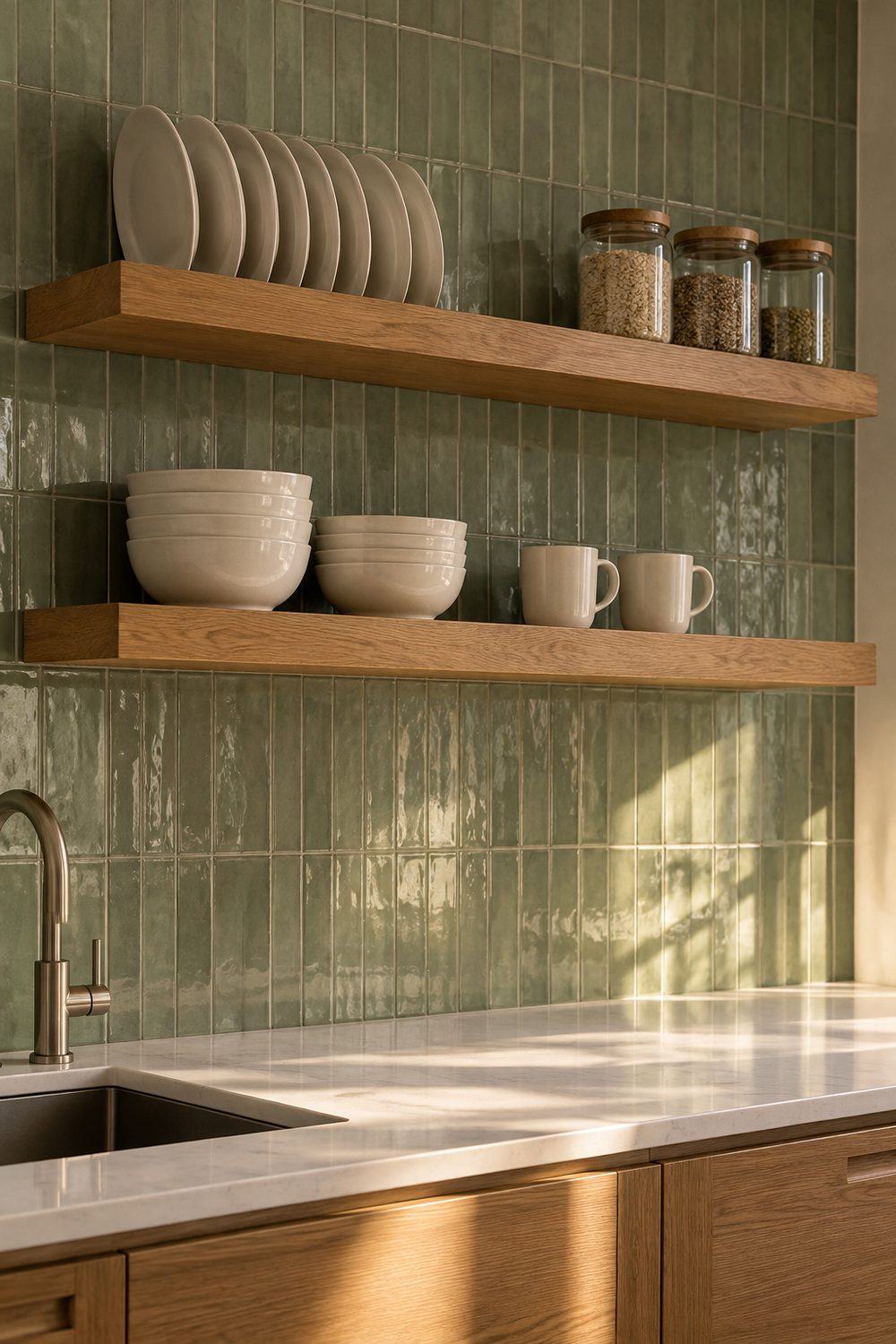 Two solid oak floating shelves on a glossy sage green tile kitchen backsplash holding white plates, bowls, mugs and glass jars