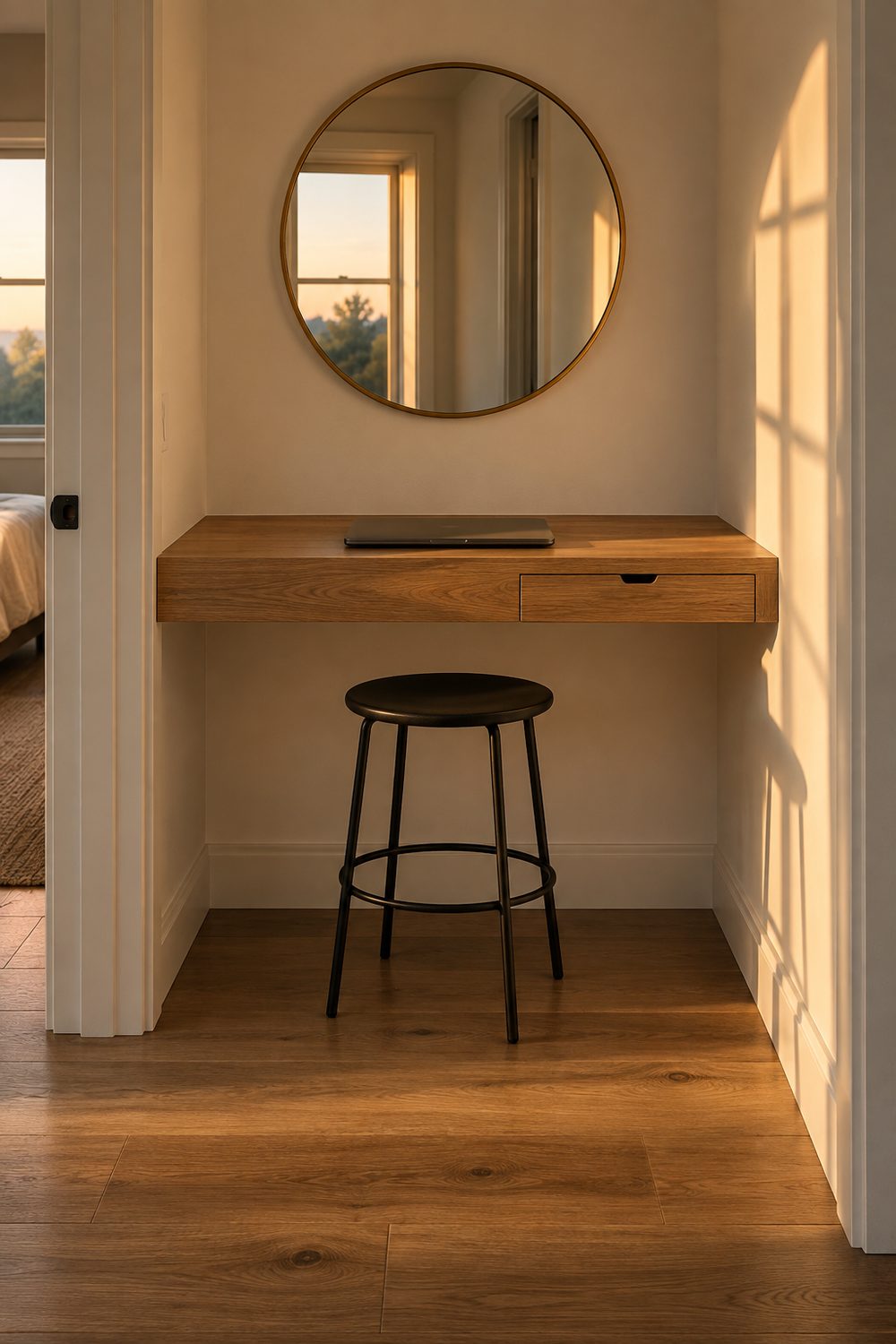 Floating oak wall desk with a small drawer in a hallway alcove, laptop on top, slim stool and clear floor below