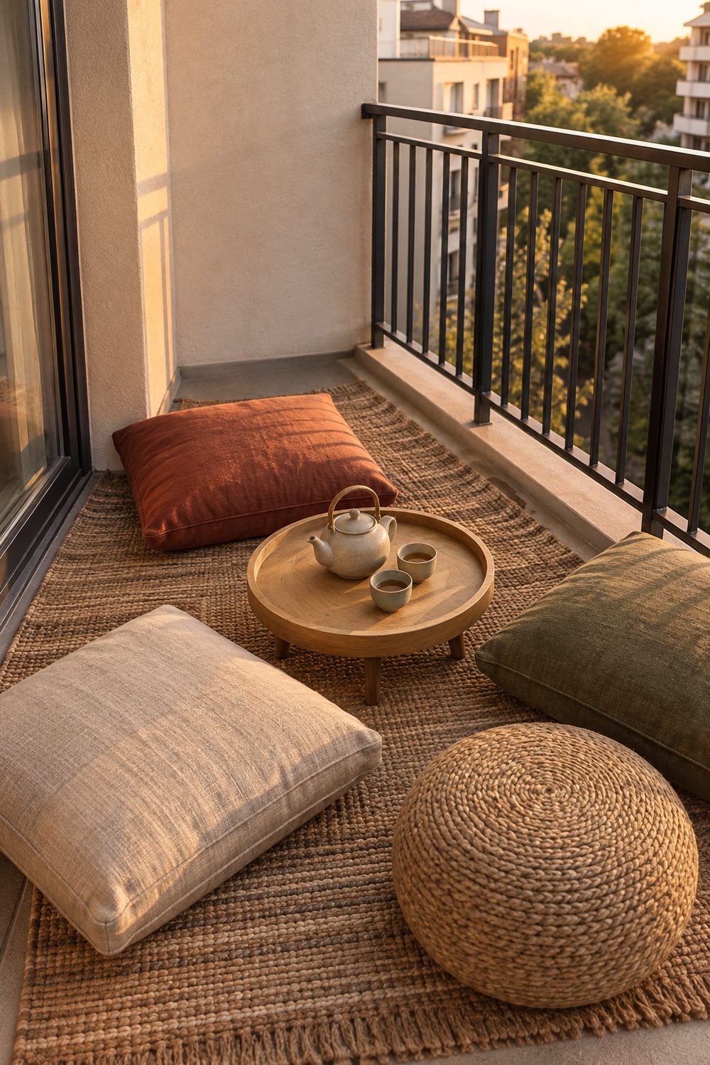 Three large floor cushions and a jute pouf around a low wooden tray table on a tiny apartment balcony