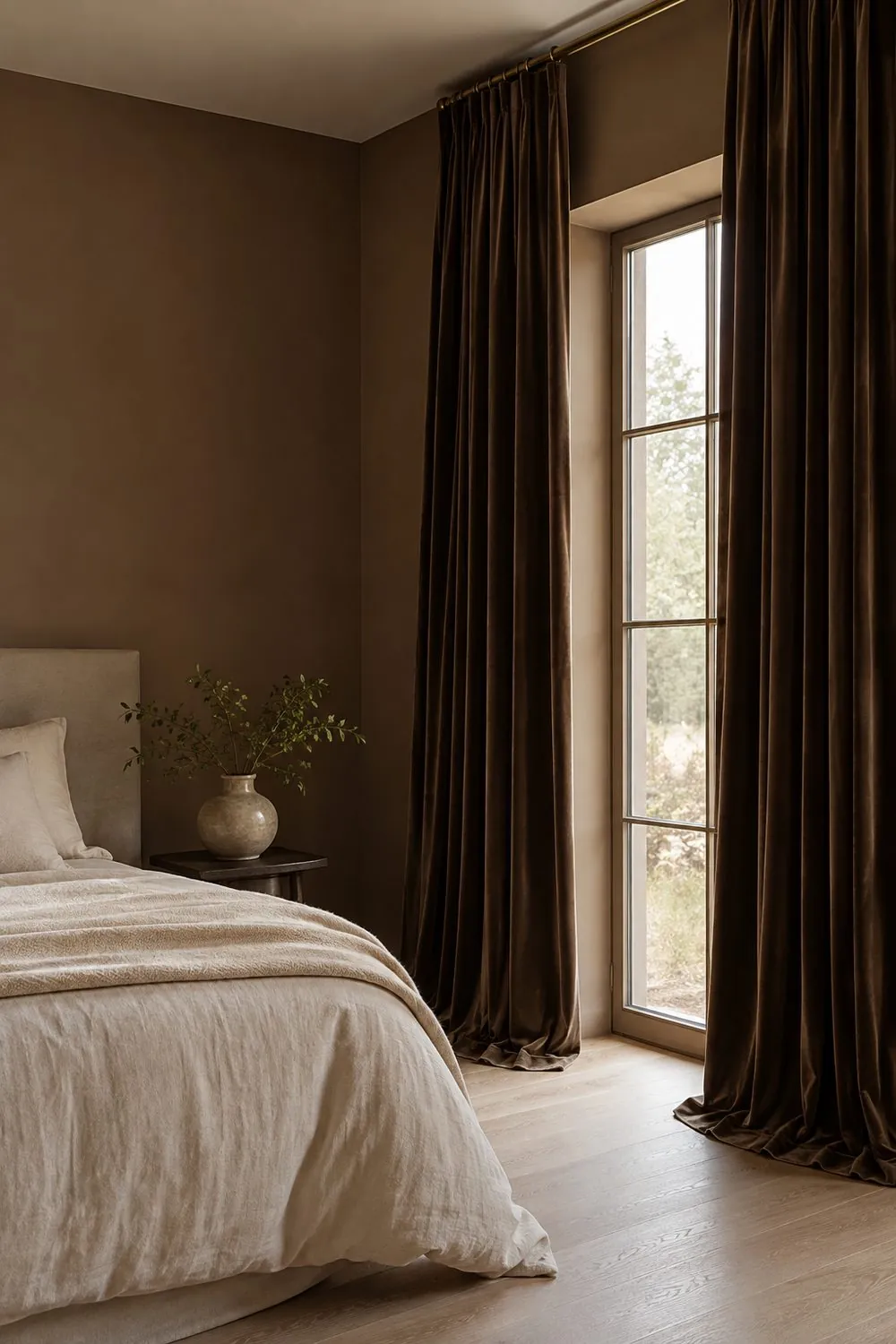 Bedroom with floor to ceiling chocolate brown velvet curtains on a brass rod framing a tall window beside a cream bed