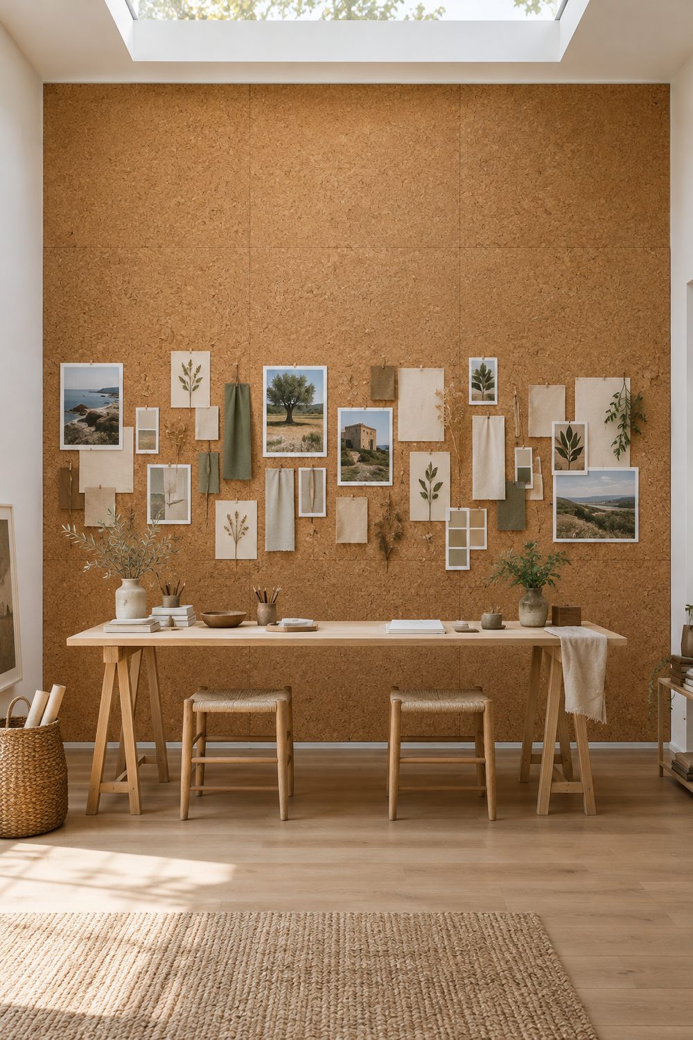 Entire wall covered floor to ceiling in natural cork panels behind a long oak worktable in a bright creative studio