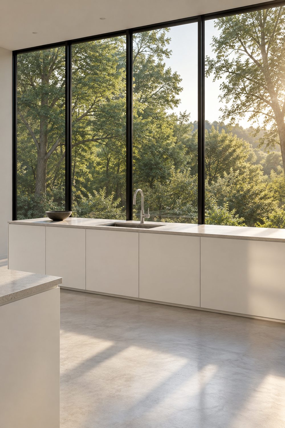 Floor to ceiling glass wall in black frames behind a kitchen sink counter, trees outside, white cabinets, concrete floor