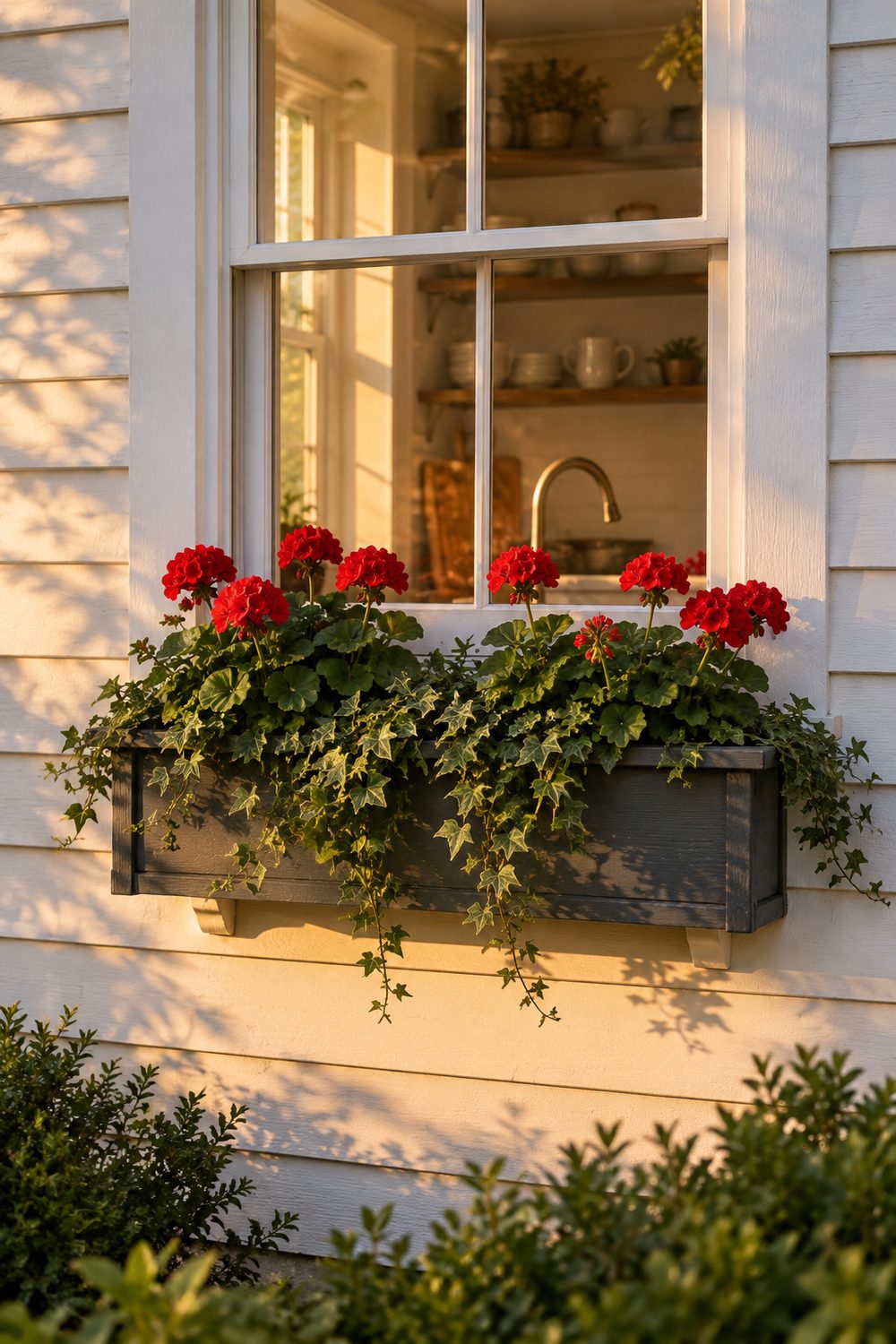 Charcoal wood flower box with red geraniums and ivy under a white kitchen window on white clapboard siding