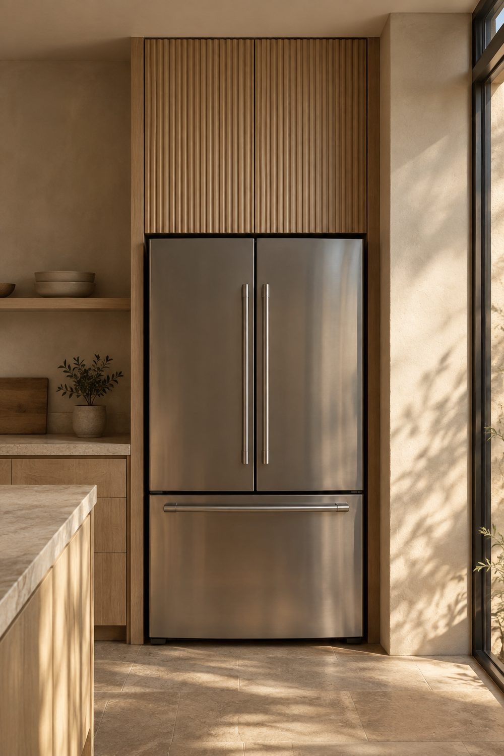 Fluted white oak cabinet above a stainless refrigerator in a warm minimalist kitchen with plaster walls and limestone