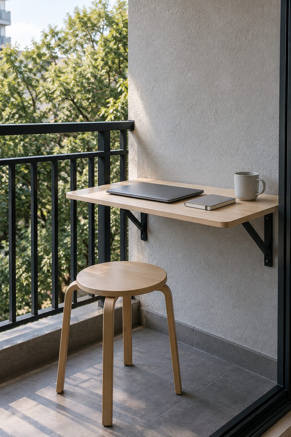 Birch fold down desk mounted on a balcony wall with a closed laptop, notebook, coffee mug and a single stool