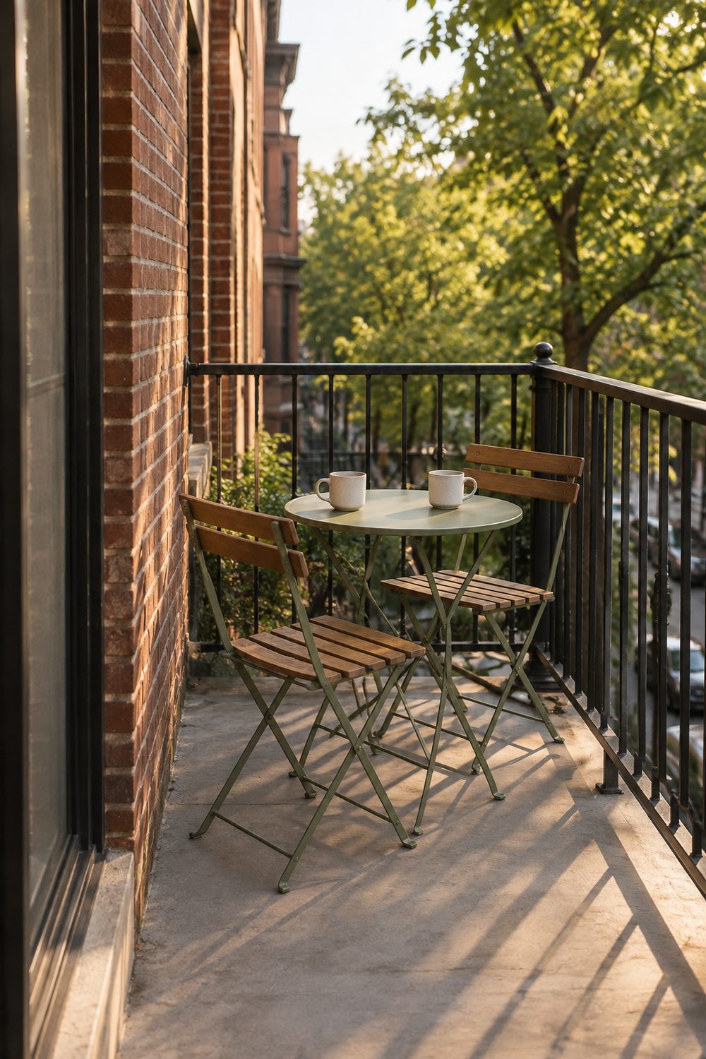 Round green folding bistro table with two slatted folding chairs in the corner of a small brick apartment balcony