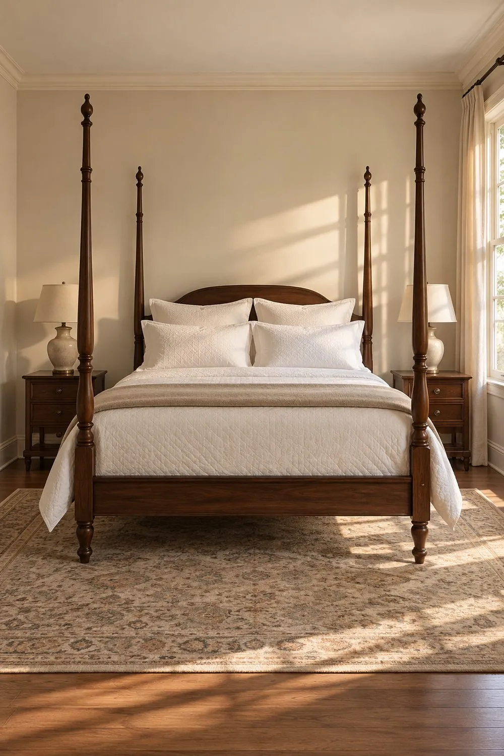 Dark walnut four poster bed with white percale sheets, a white matelassé coverlet and a folded wool throw in an ivory traditional bedroom