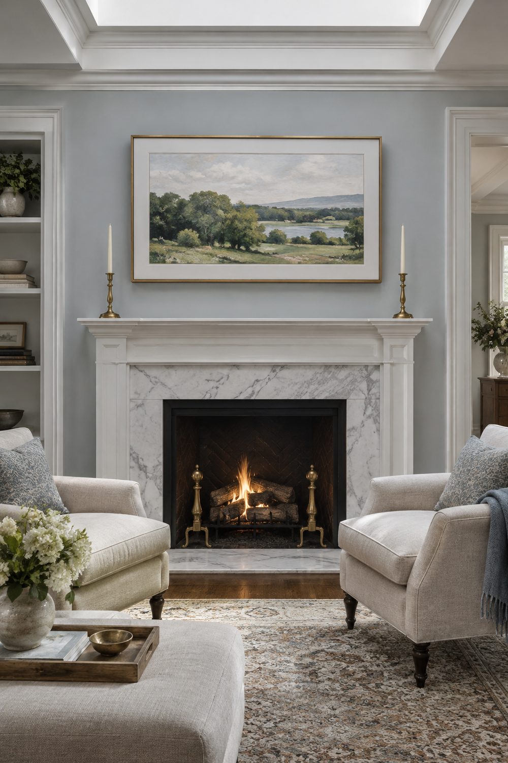 White marble fireplace with a brass-framed TV above the mantel showing a landscape painting, two oatmeal linen armchairs