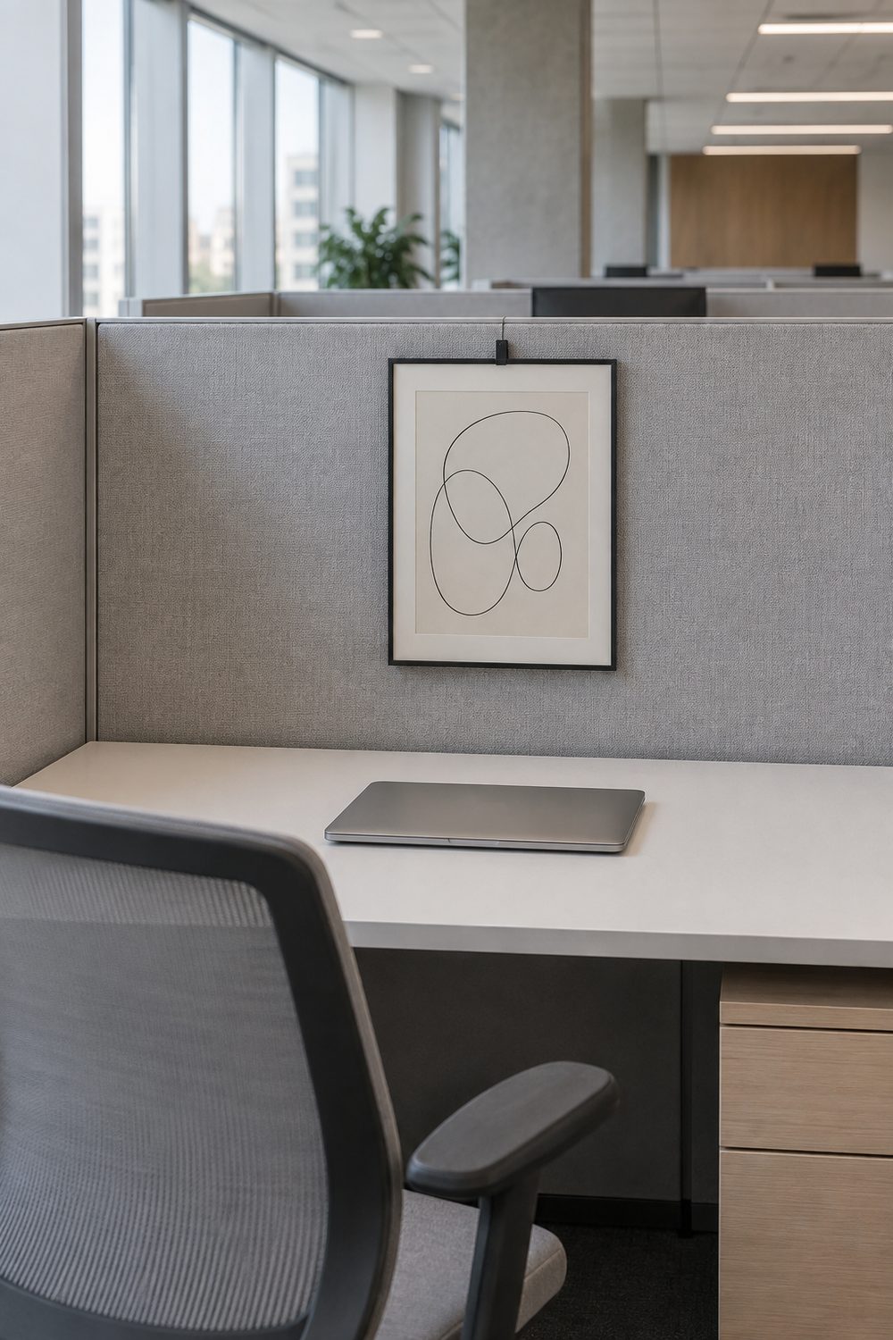 Black line art print in a thin black frame hanging on a grey cubicle partition above a white desk with a closed laptop