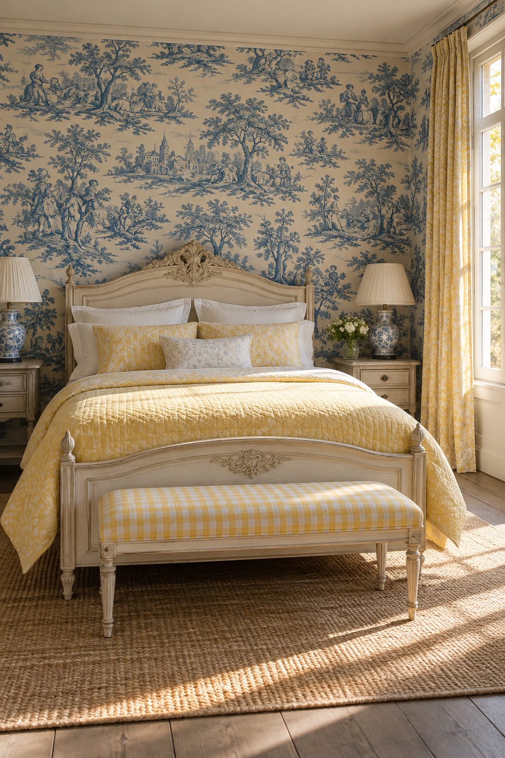French country bedroom with blue and white toile wallpaper, cream carved bed, yellow quilted coverlet, checked bench