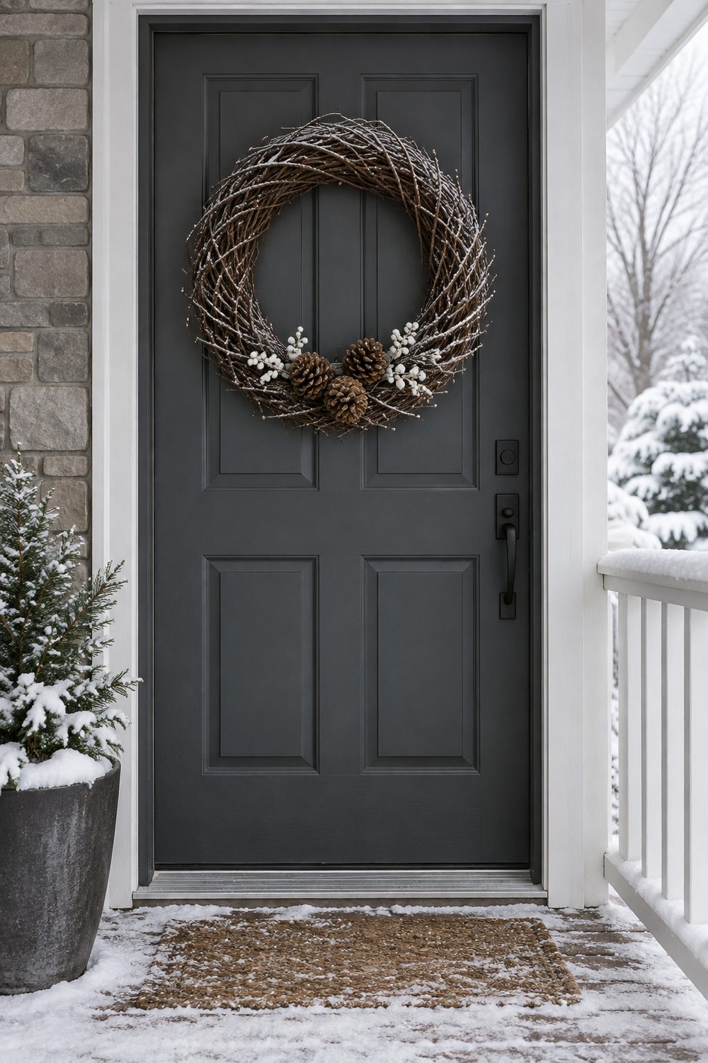 Large grapevine wreath with three pinecones, white berries and light frost on a charcoal door on a snowy porch