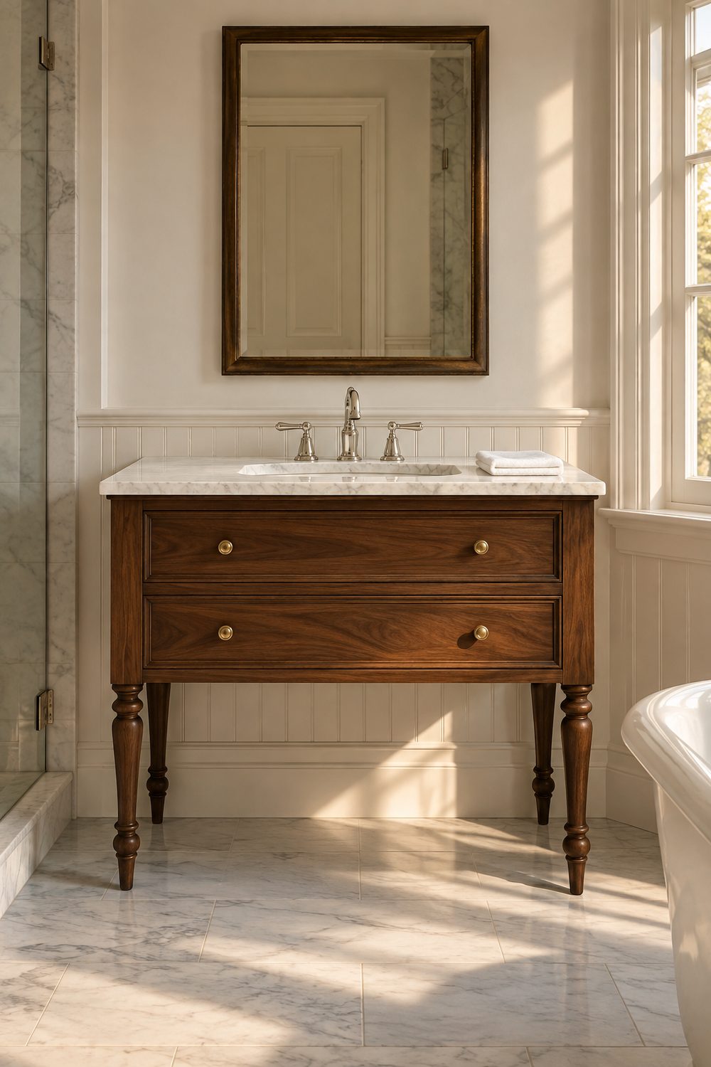 Walnut furniture style bathroom vanity on turned legs with a white marble top, nickel bridge faucet and framed mirror