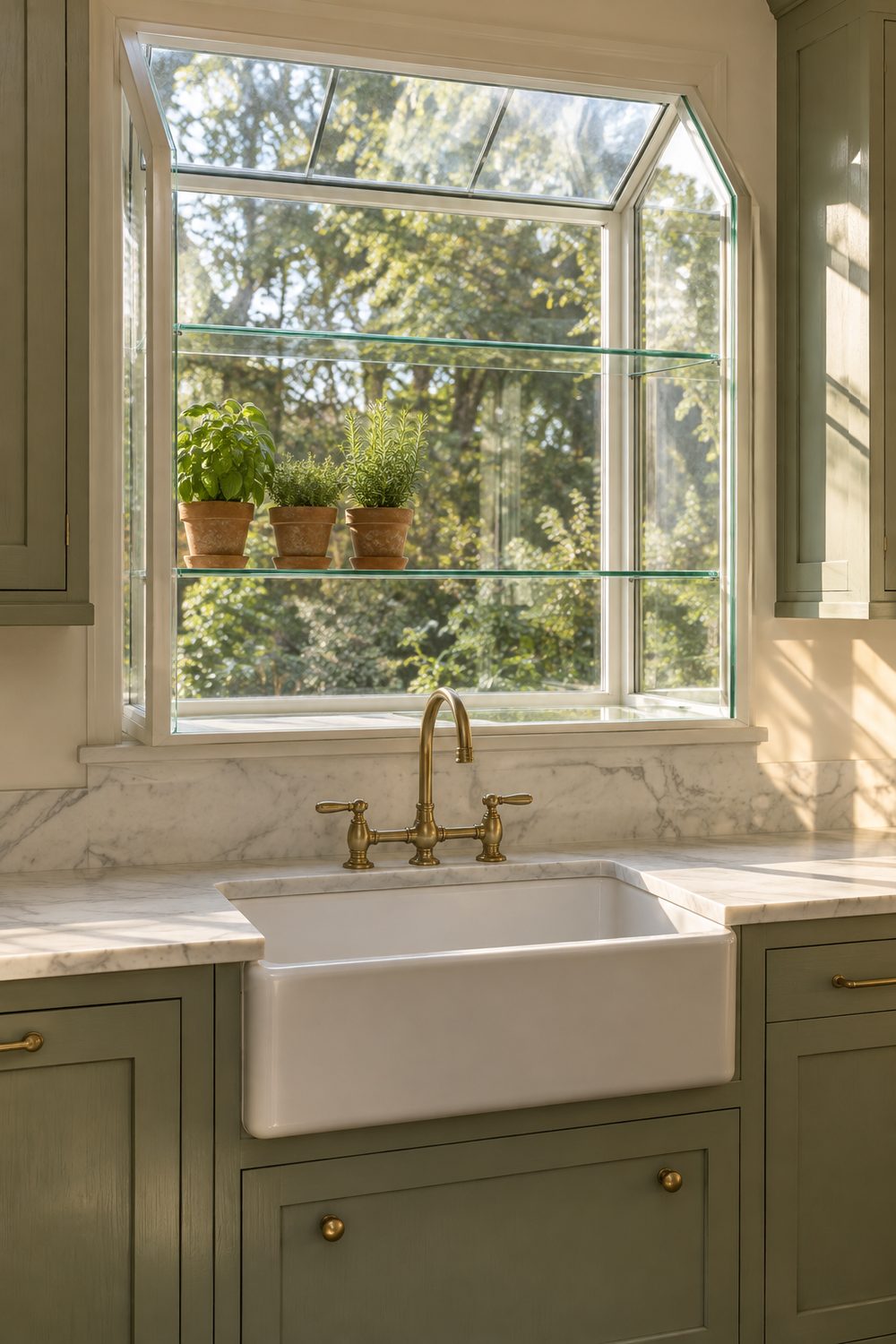 Garden window projecting above a white fireclay sink with three herb pots on a glass shelf, sage green cabinets, marble counters