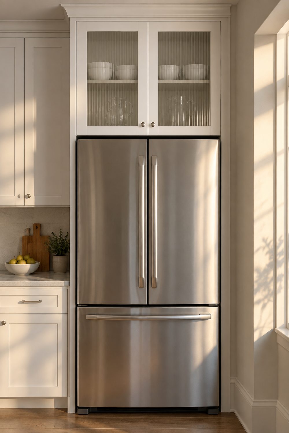 White glass front cabinet with reeded doors above a stainless refrigerator in a bright transitional kitchen with gray quartz