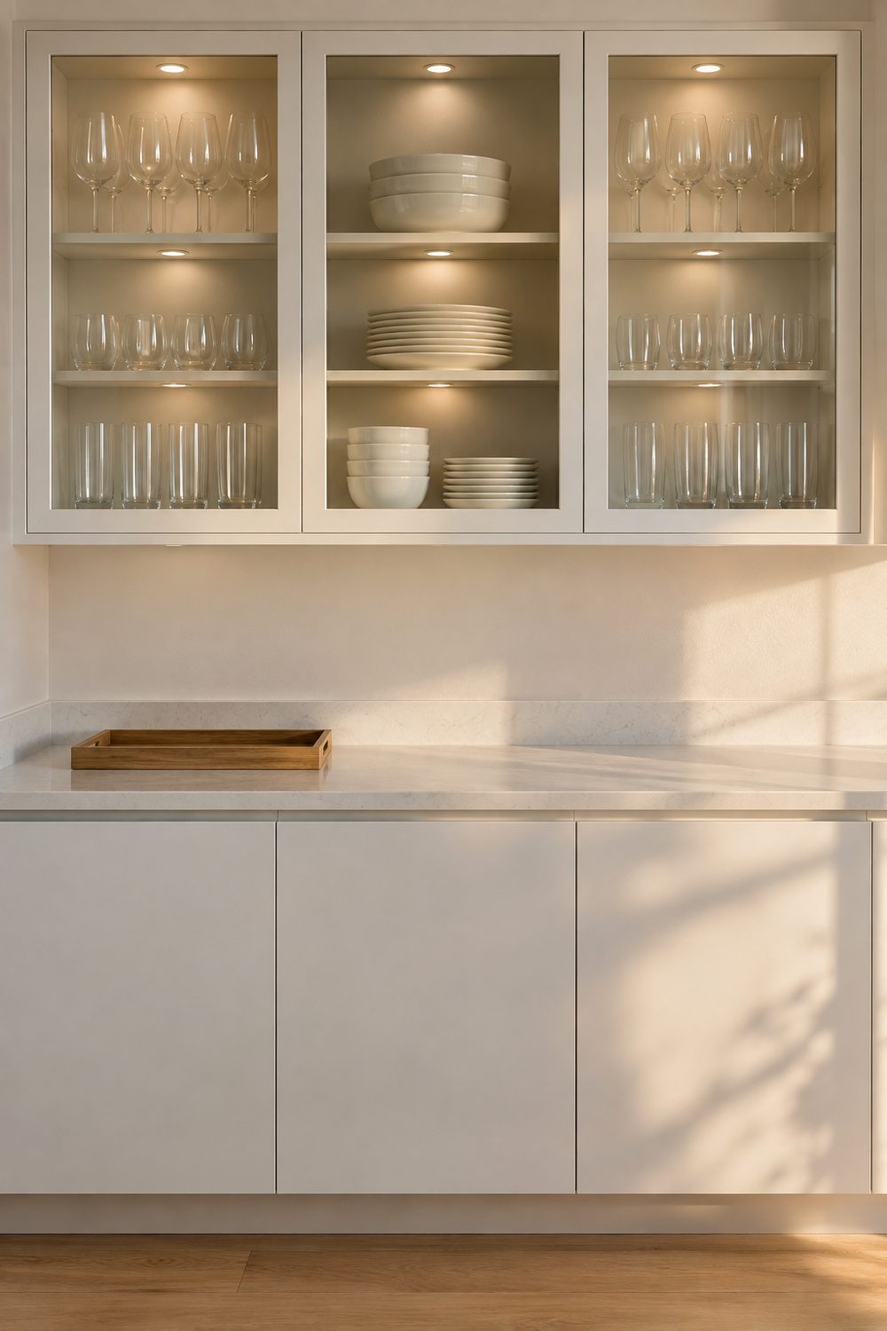 Three white glass front kitchen wall cabinets with interior lighting showing matching glassware and plates above white base cabinets