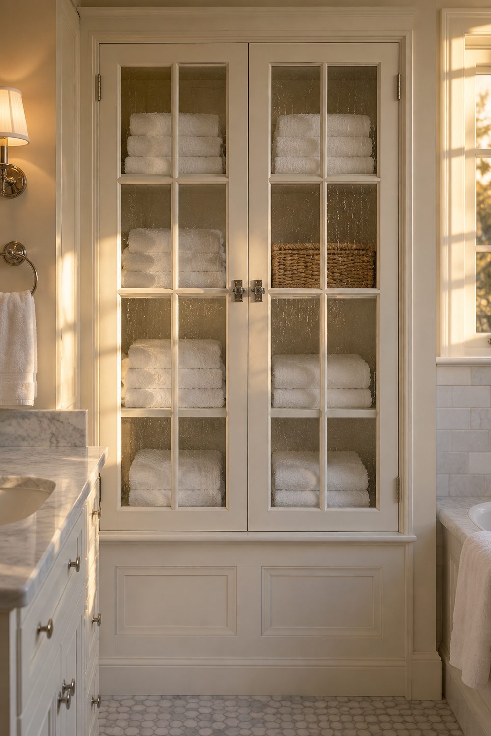 Recessed white linen cabinet with divided glass doors holding folded white towels in a traditional bathroom