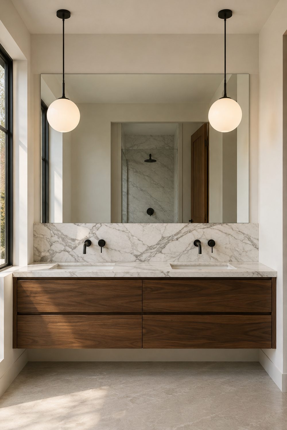 Two opal glass globe pendant lights on black rods hanging over a walnut double sink vanity with a marble backsplash