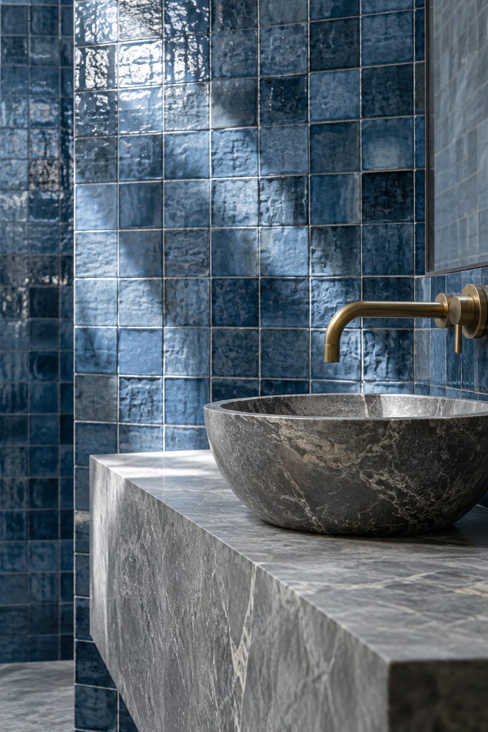 Glossy blue zellige tile wall beside a grey stone vanity top, stone sink and brass faucet