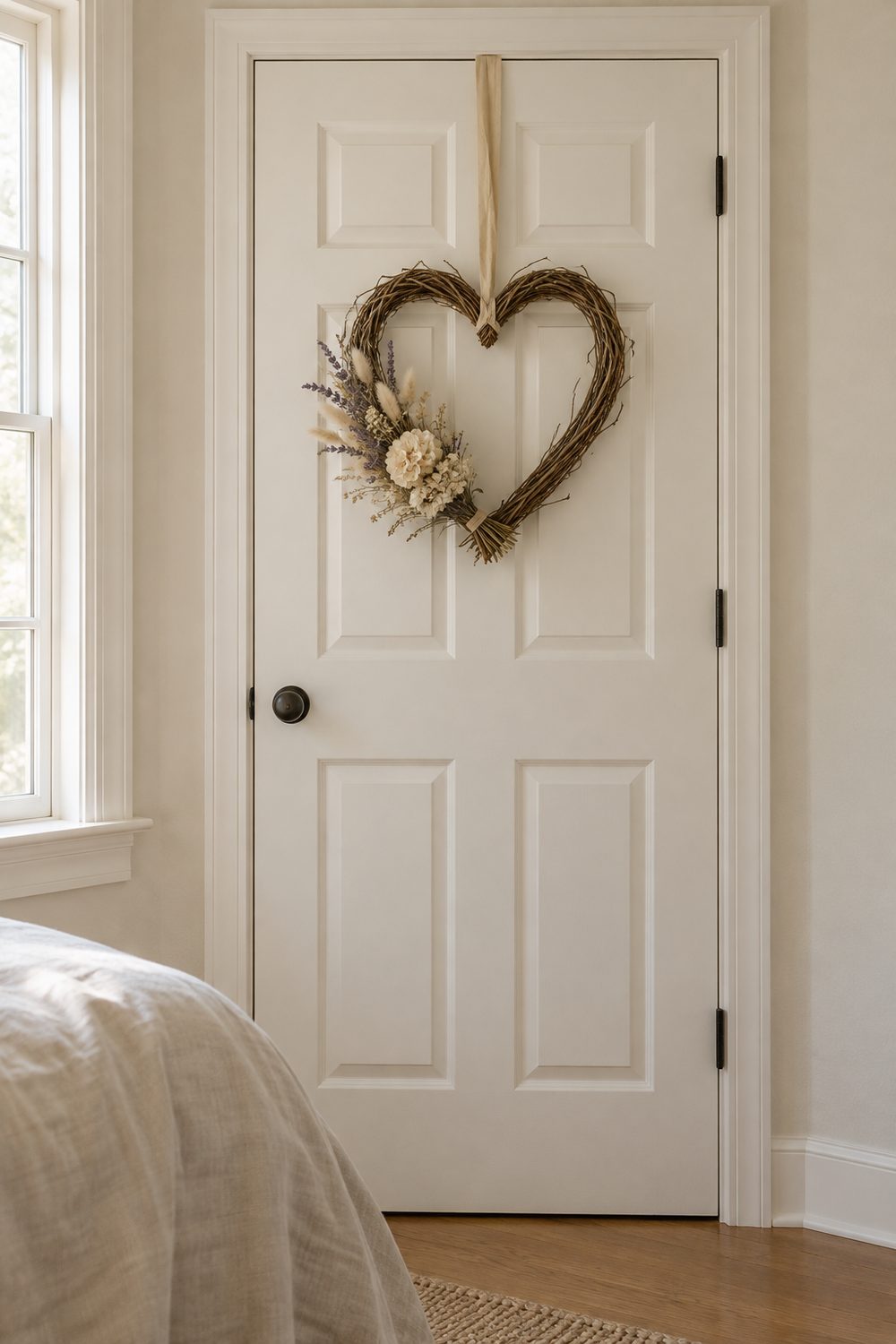 Heart shaped grapevine wreath with cream dried florals and lavender hanging by ribbon on a white bedroom door