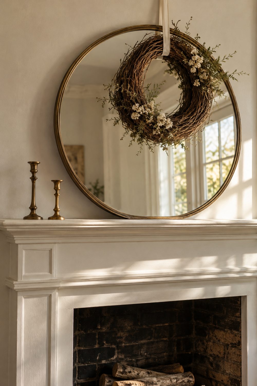 Grapevine wreath with small cream flowers hung by ribbon over a round brass mirror on a white fireplace mantel