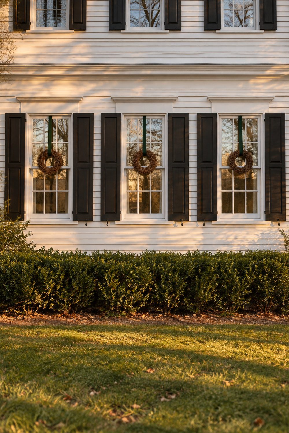 Three matching small grapevine wreaths with green ribbon hung on three paned windows of a white historic house