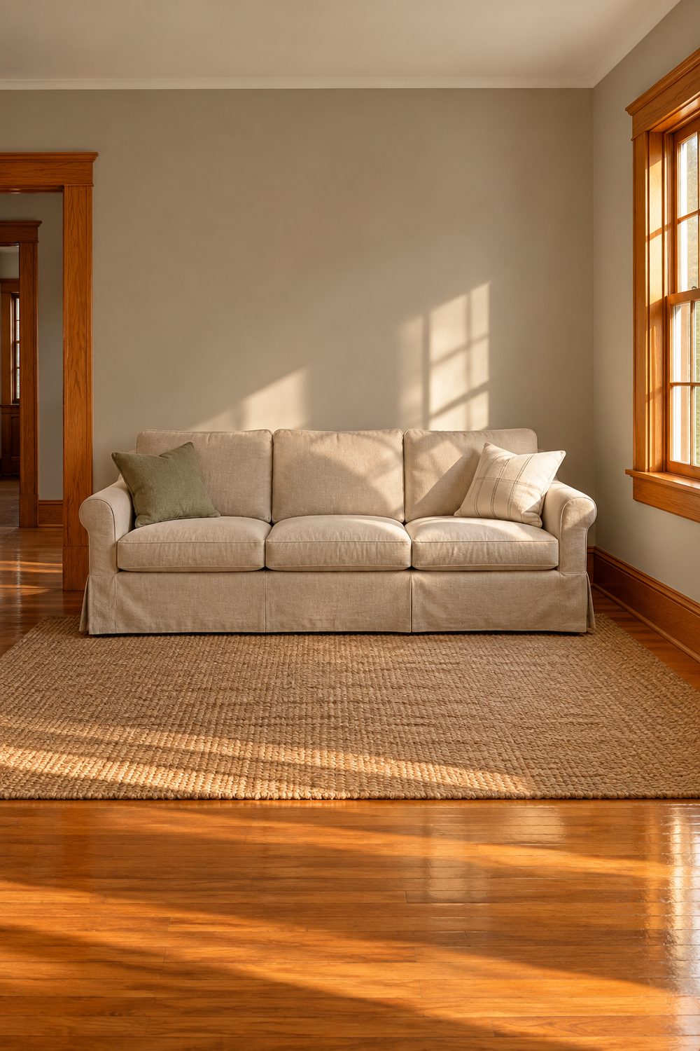 Living room with soft greige painted walls framed by glossy orange oak baseboards and window casing, oatmeal linen sofa and jute rug